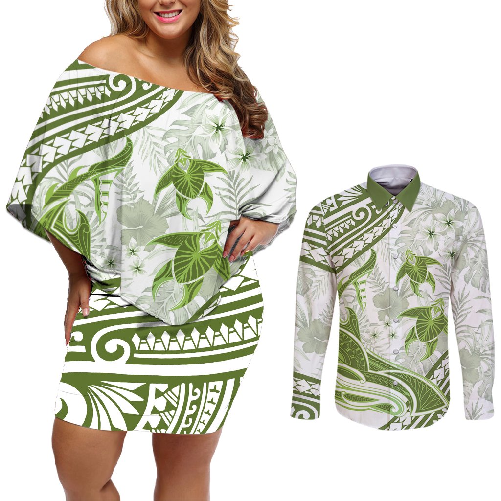 Lime Green Polynesia Couples Matching Off Shoulder Short Dress and Long Sleeve Button Shirt Polynesian Turtle Shark Tattoo Tropical Vintage LT14 Lime Green - Polynesian Pride
