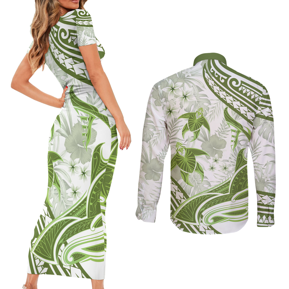 Lime Green Polynesia Couples Matching Short Sleeve Bodycon Dress and Long Sleeve Button Shirt Polynesian Turtle Shark Tattoo Tropical Vintage LT14 - Polynesian Pride