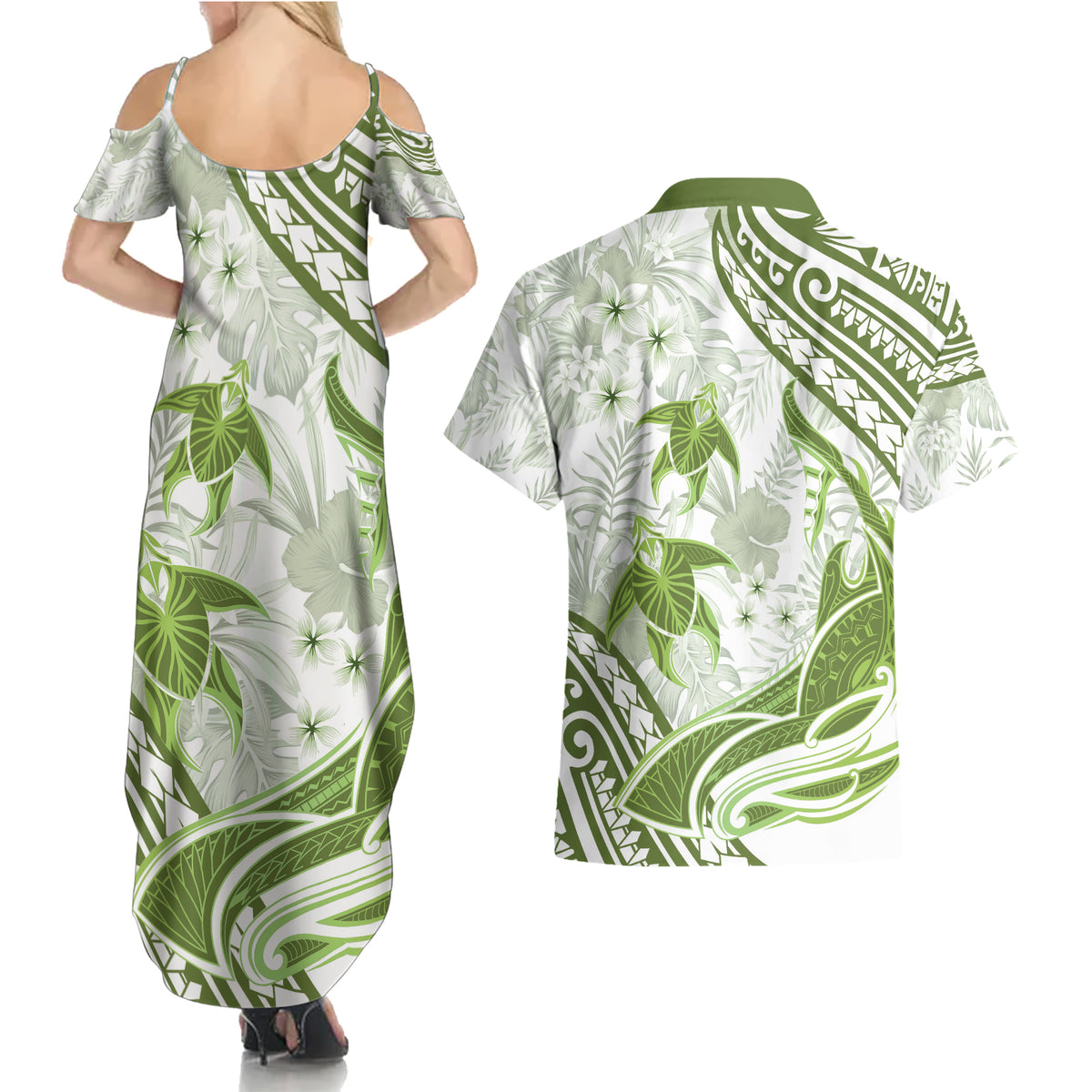 Lime Green Polynesia Couples Matching Summer Maxi Dress and Hawaiian Shirt Polynesian Turtle Shark Tattoo Tropical Vintage LT14 - Polynesian Pride