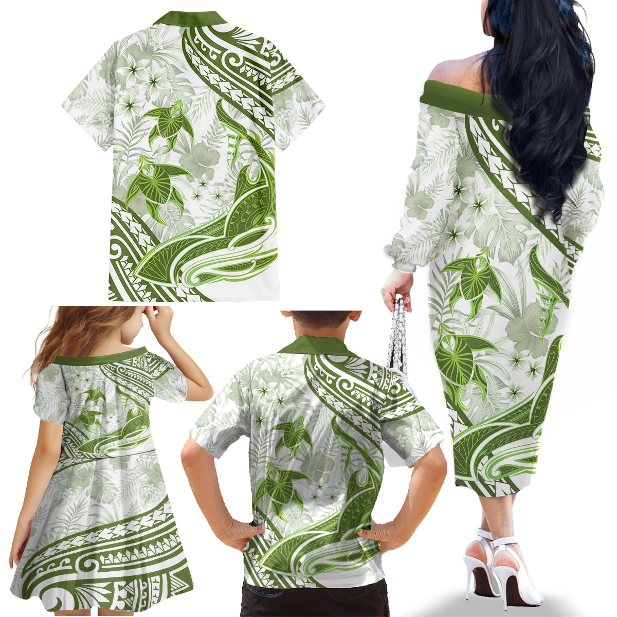 Lime Green Polynesia Family Matching Off Shoulder Long Sleeve Dress and Hawaiian Shirt Polynesian Turtle Shark Tattoo Tropical Vintage LT14 - Polynesian Pride