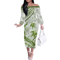 Lime Green Polynesia Family Matching Off Shoulder Long Sleeve Dress and Hawaiian Shirt Polynesian Turtle Shark Tattoo Tropical Vintage LT14 Mom's Dress Lime Green - Polynesian Pride