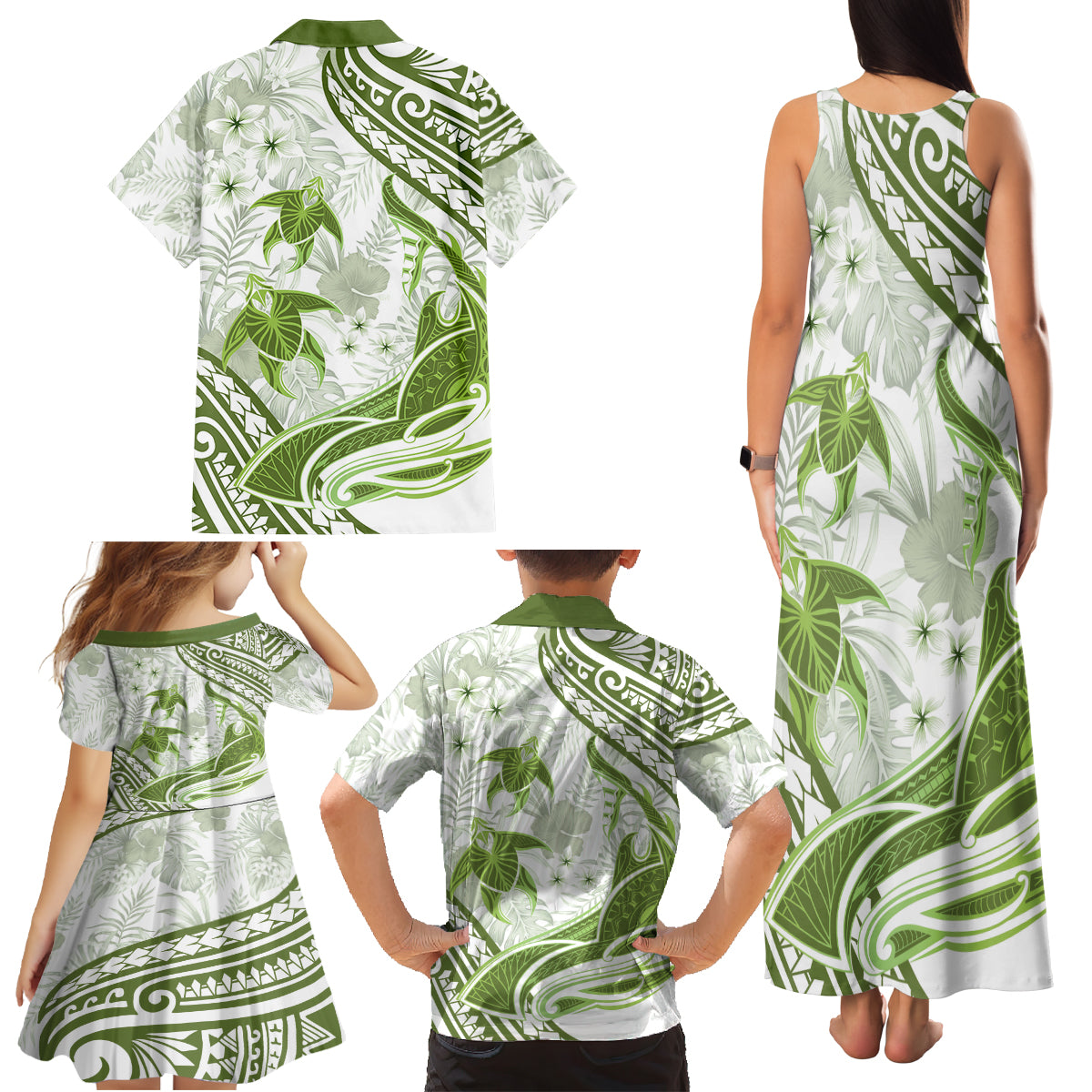 Lime Green Polynesia Family Matching Tank Maxi Dress and Hawaiian Shirt Polynesian Turtle Shark Tattoo Tropical Vintage LT14 - Polynesian Pride