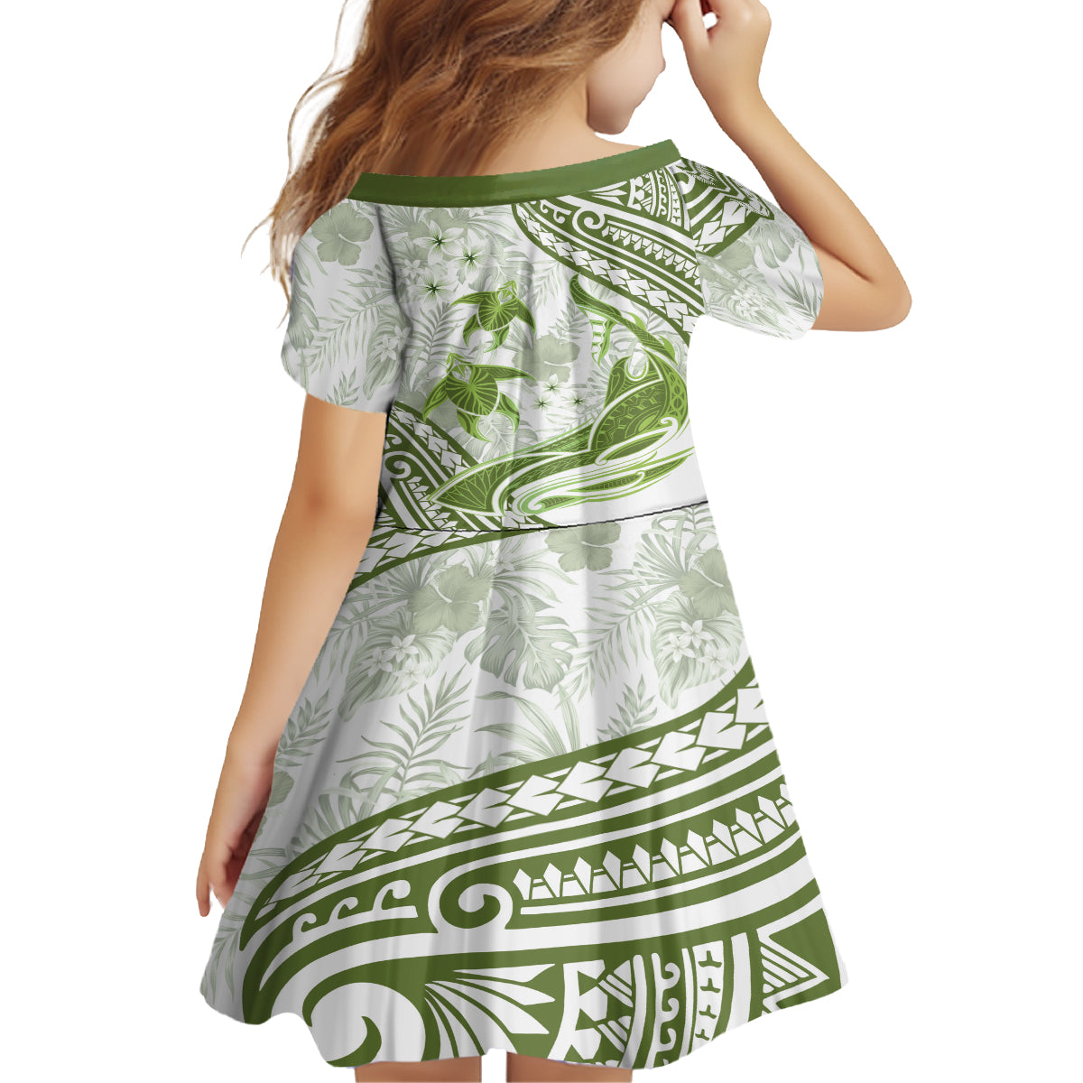 Lime Green Polynesia Kid Short Sleeve Dress Polynesian Turtle Shark Tattoo Tropical Vintage LT14 - Polynesian Pride