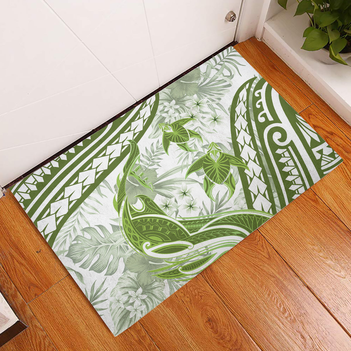 Lime Green Polynesia Rubber Doormat Polynesian Turtle Shark Tattoo Tropical Vintage