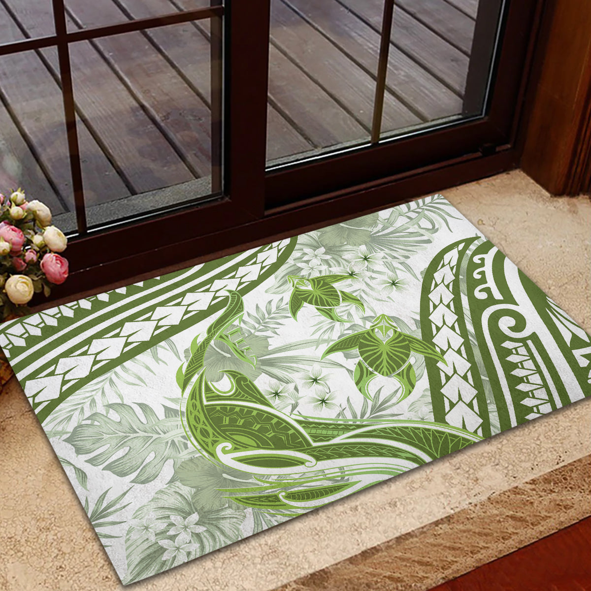 Lime Green Polynesia Rubber Doormat Polynesian Turtle Shark Tattoo Tropical Vintage