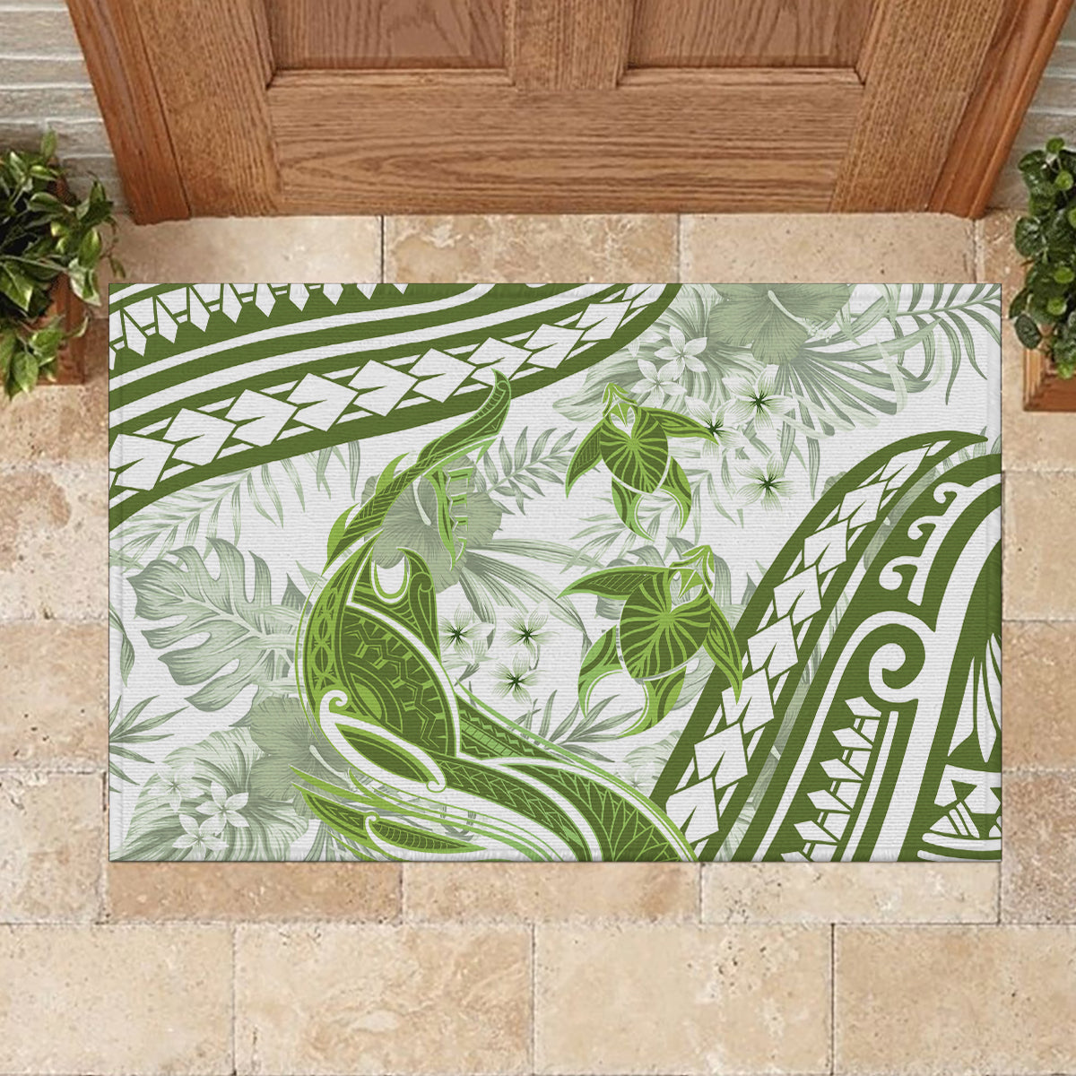 Lime Green Polynesia Rubber Doormat Polynesian Turtle Shark Tattoo Tropical Vintage