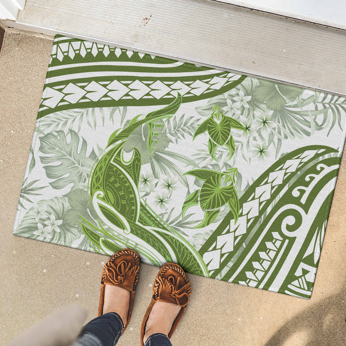 Lime Green Polynesia Rubber Doormat Polynesian Turtle Shark Tattoo Tropical Vintage