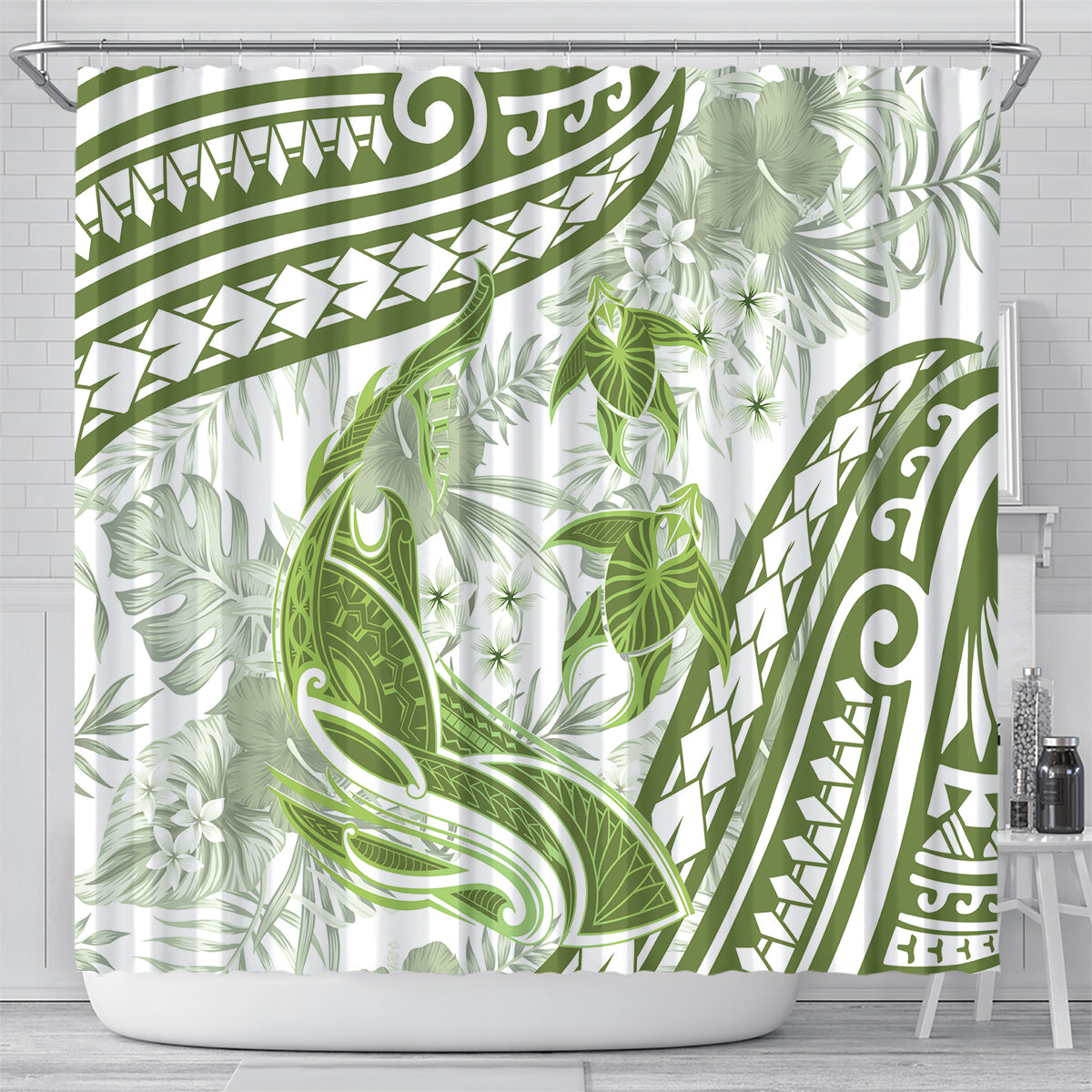 Lime Green Polynesia Shower Curtain Polynesian Turtle Shark Tattoo Tropical Vintage LT14 - Polynesian Pride