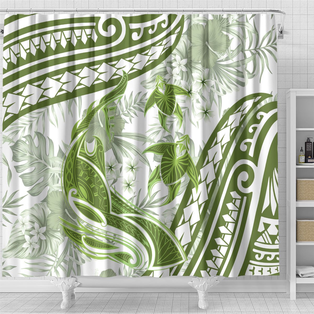 Lime Green Polynesia Shower Curtain Polynesian Turtle Shark Tattoo Tropical Vintage LT14 - Polynesian Pride
