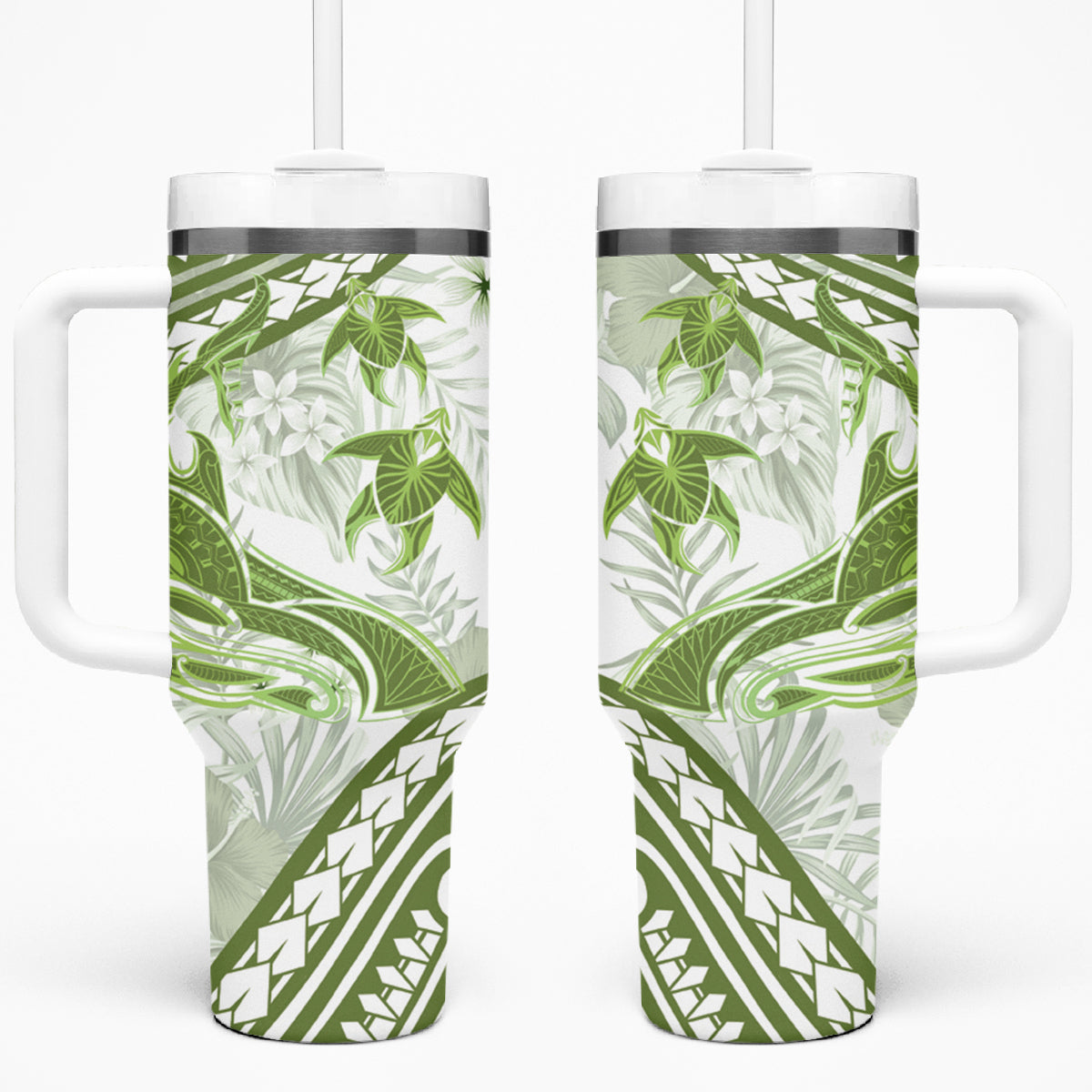 Lime Green Polynesia Tumbler With Handle Polynesian Turtle Shark Tattoo Tropical Vintage