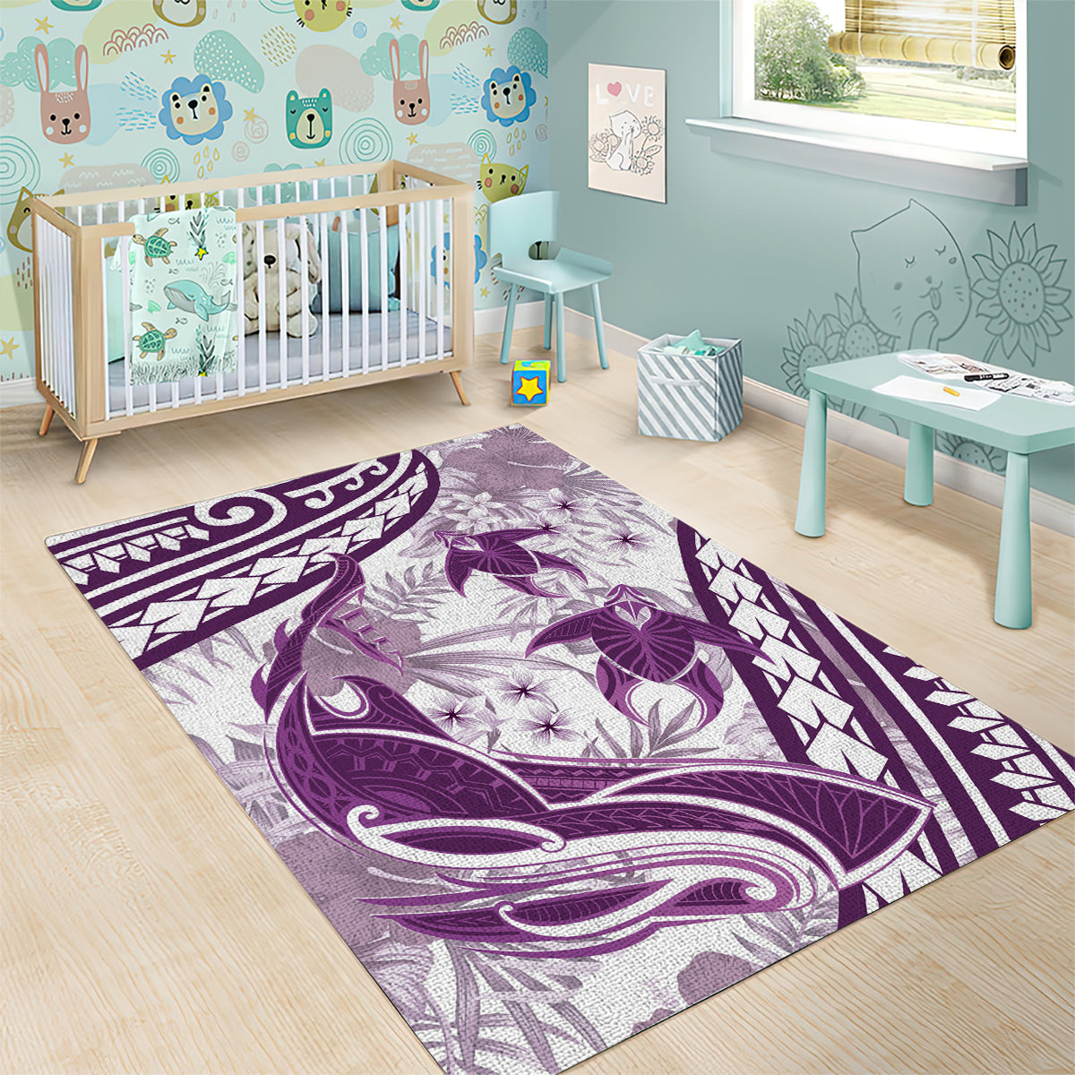 Purple Polynesia Area Rug Polynesian Turtle Shark Tattoo Tropical Vintage