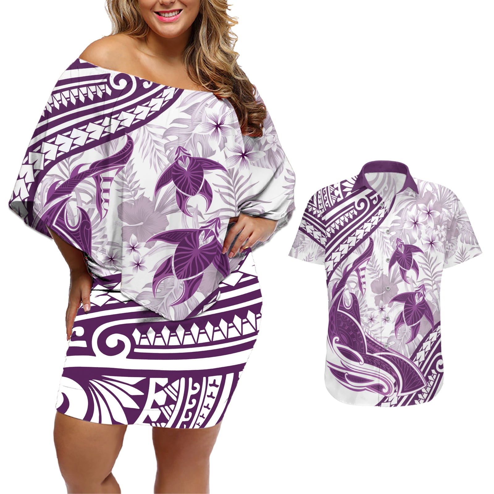 Purple Polynesia Couples Matching Off Shoulder Short Dress and Hawaiian Shirt Polynesian Turtle Shark Tattoo Tropical Vintage LT14 Purple - Polynesian Pride
