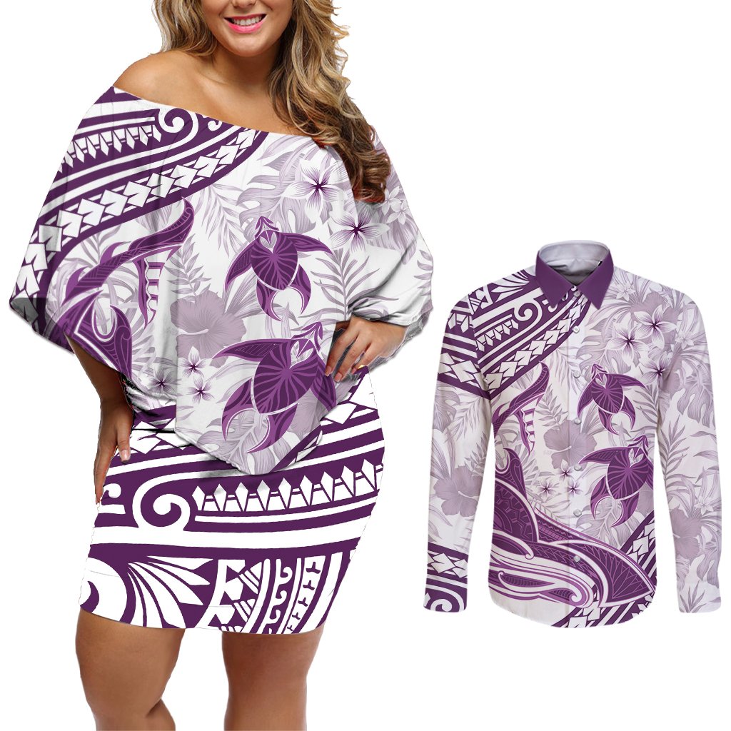 Purple Polynesia Couples Matching Off Shoulder Short Dress and Long Sleeve Button Shirt Polynesian Turtle Shark Tattoo Tropical Vintage LT14 Purple - Polynesian Pride