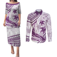 Purple Polynesia Couples Matching Puletasi and Long Sleeve Button Shirt Polynesian Turtle Shark Tattoo Tropical Vintage LT14 Purple - Polynesian Pride