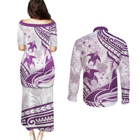 Purple Polynesia Couples Matching Puletasi and Long Sleeve Button Shirt Polynesian Turtle Shark Tattoo Tropical Vintage LT14 - Polynesian Pride