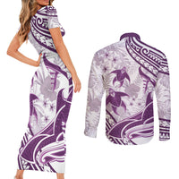 Purple Polynesia Couples Matching Short Sleeve Bodycon Dress and Long Sleeve Button Shirt Polynesian Turtle Shark Tattoo Tropical Vintage LT14 - Polynesian Pride