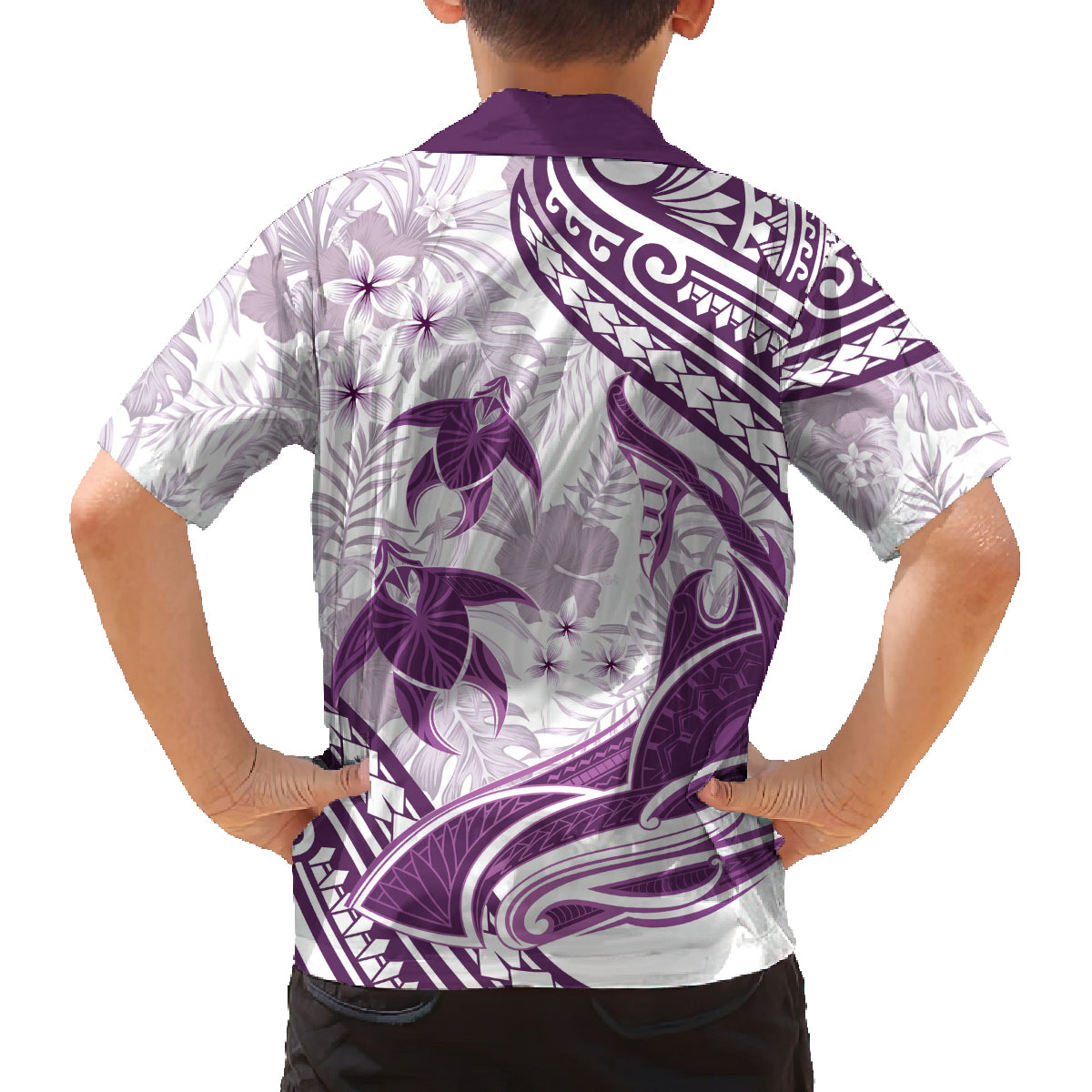 Purple Polynesia Family Matching Off Shoulder Long Sleeve Dress and Hawaiian Shirt Polynesian Turtle Shark Tattoo Tropical Vintage LT14 - Polynesian Pride