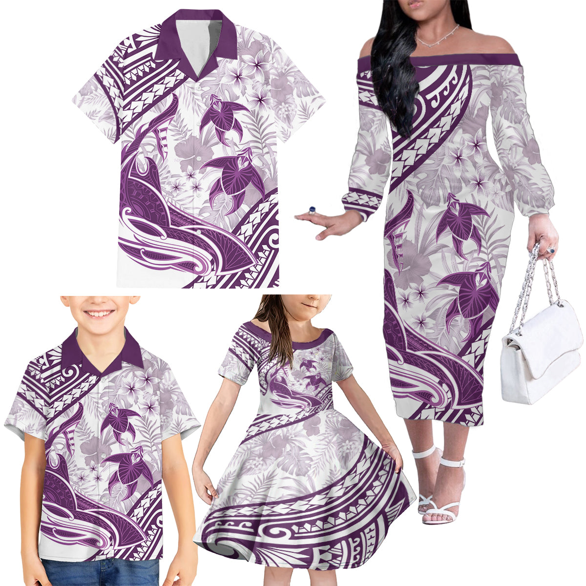 Purple Polynesia Family Matching Off Shoulder Long Sleeve Dress and Hawaiian Shirt Polynesian Turtle Shark Tattoo Tropical Vintage LT14 - Polynesian Pride