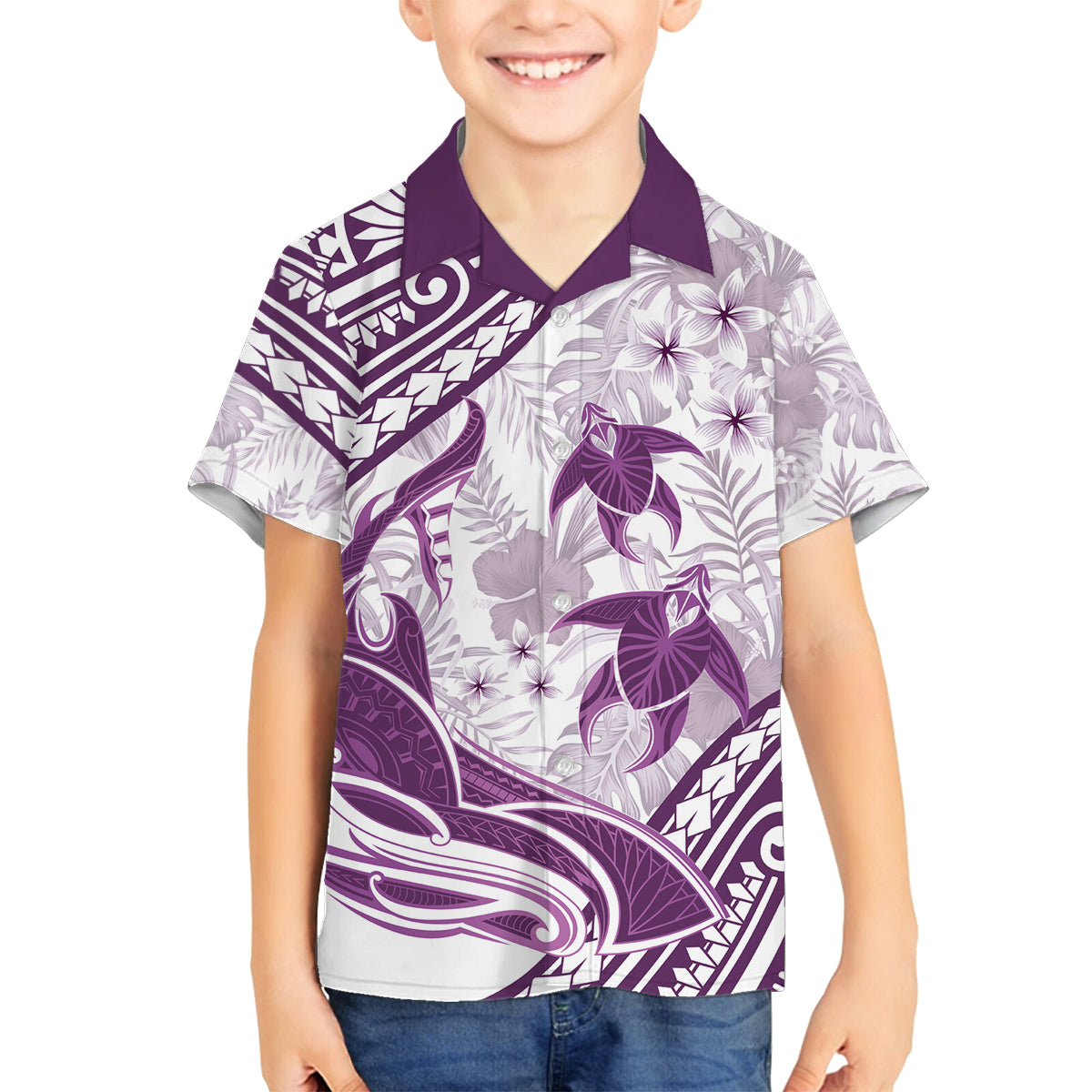 Purple Polynesia Family Matching Off Shoulder Long Sleeve Dress and Hawaiian Shirt Polynesian Turtle Shark Tattoo Tropical Vintage LT14 Son's Shirt Purple - Polynesian Pride