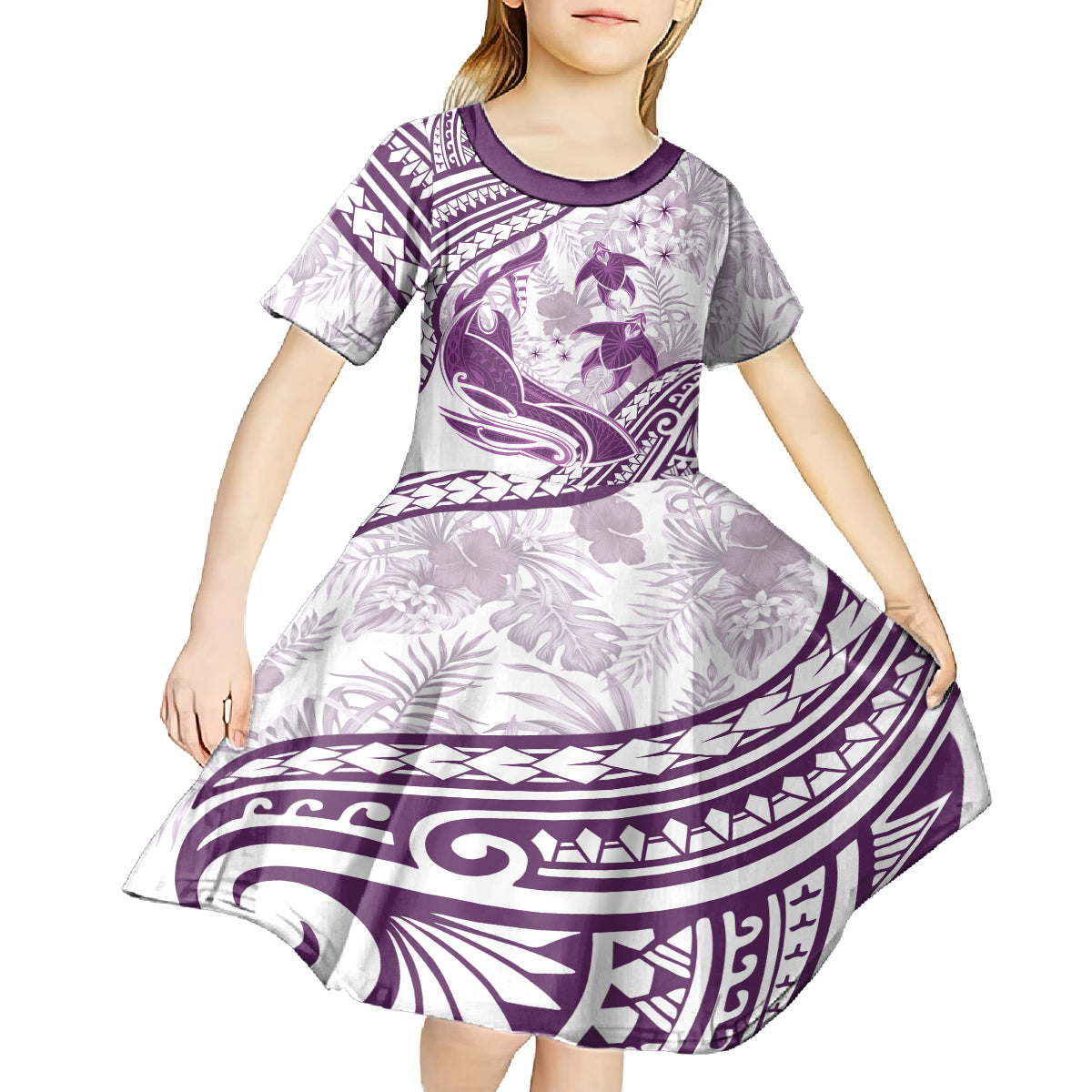 Purple Polynesia Kid Short Sleeve Dress Polynesian Turtle Shark Tattoo Tropical Vintage LT14 - Polynesian Pride