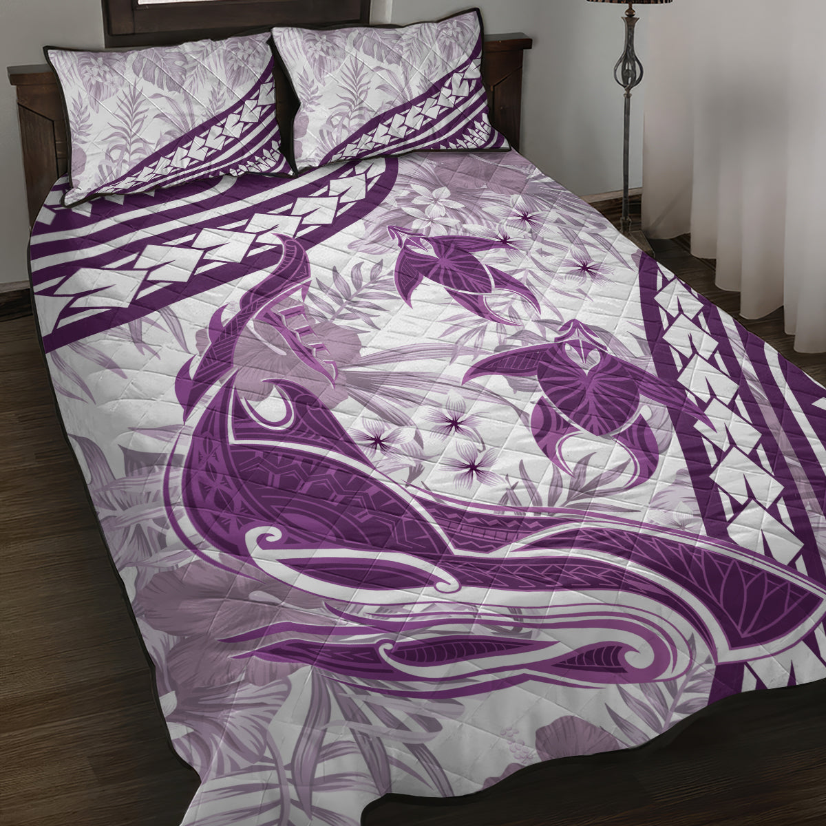 Purple Polynesia Quilt Bed Set Polynesian Turtle Shark Tattoo Tropical Vintage