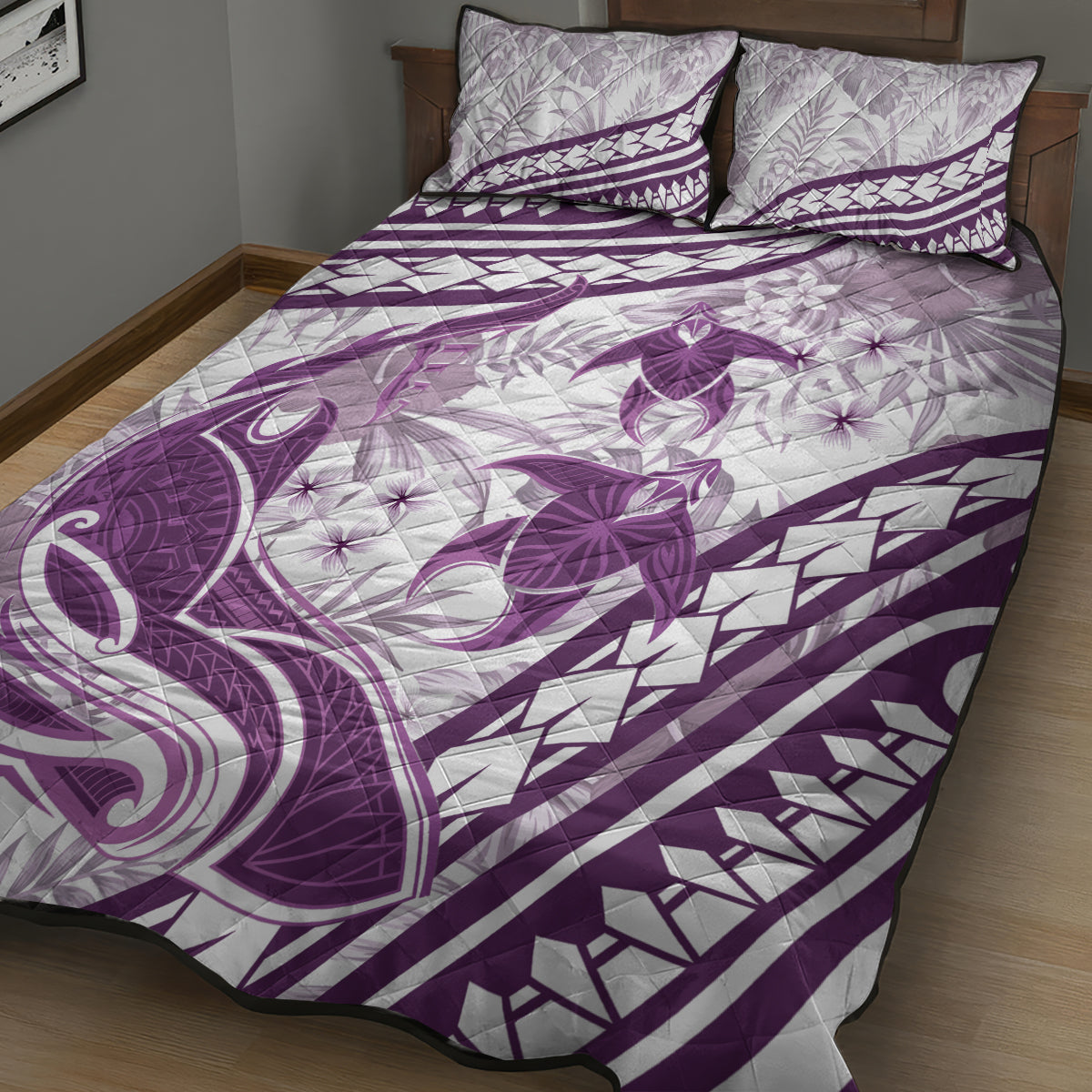 Purple Polynesia Quilt Bed Set Polynesian Turtle Shark Tattoo Tropical Vintage