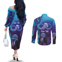 Polynesia Jellyfish Memorial Personalised Couples Matching Off The Shoulder Long Sleeve Dress and Long Sleeve Button Shirt Infinity Jellies Polynesian Pattern