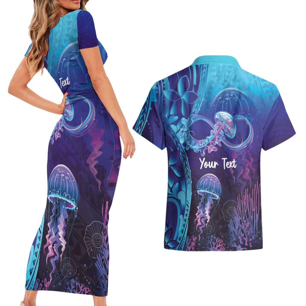 Polynesia Jellyfish Memorial Personalised Couples Matching Short Sleeve Bodycon Dress and Hawaiian Shirt Infinity Jellies Polynesian Pattern