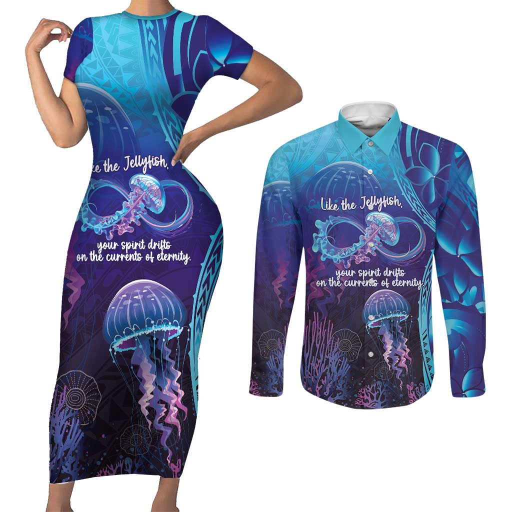 Polynesia Jellyfish Memorial Personalised Couples Matching Short Sleeve Bodycon Dress and Long Sleeve Button Shirt Infinity Jellies Polynesian Pattern