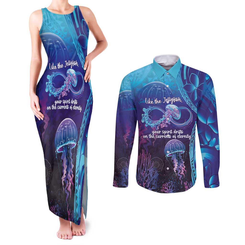 Polynesia Jellyfish Memorial Personalised Couples Matching Tank Maxi Dress and Long Sleeve Button Shirt Infinity Jellies Polynesian Pattern