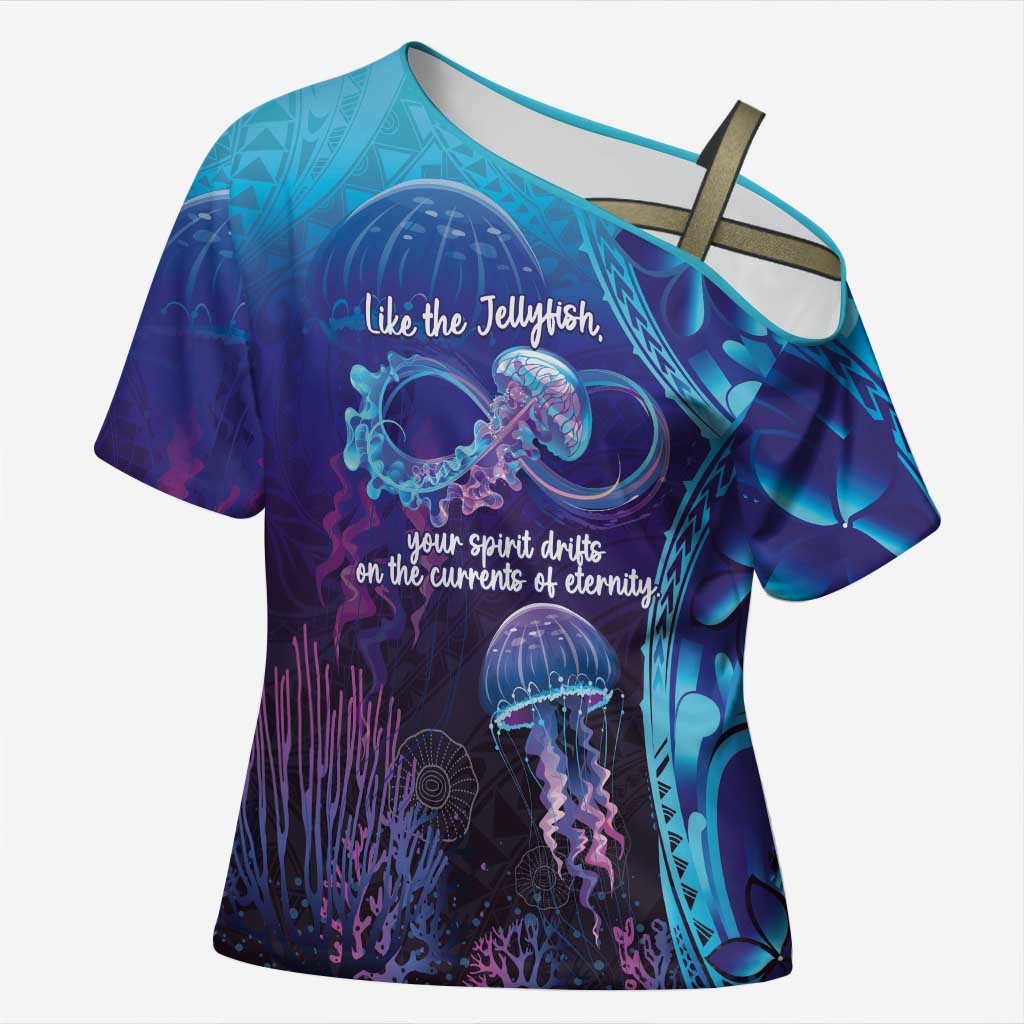 Polynesia Jellyfish Memorial Personalised Cross Shoulder Shirt Infinity Jellies Polynesian Pattern