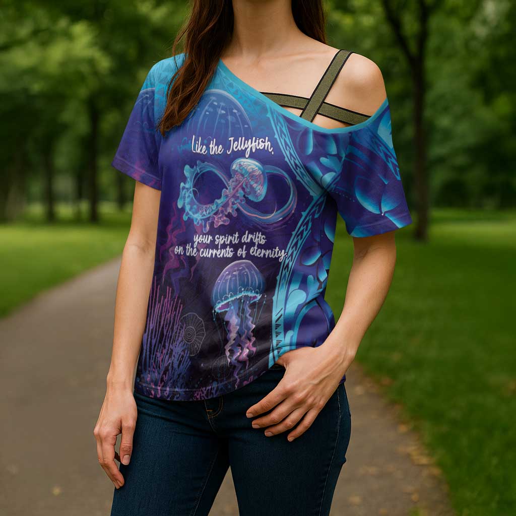 Polynesia Jellyfish Memorial Personalised Cross Shoulder Shirt Infinity Jellies Polynesian Pattern