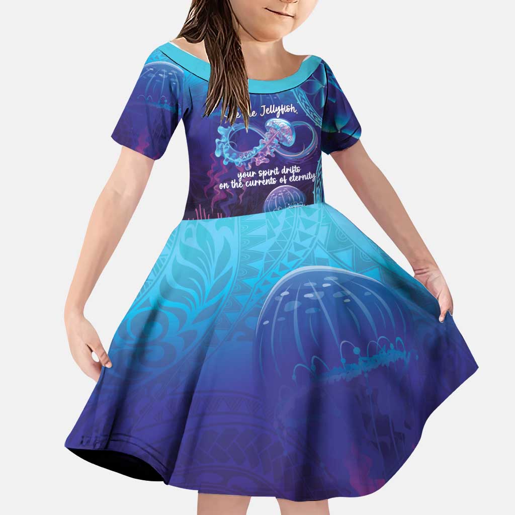 Polynesia Jellyfish Memorial Personalised Family Matching Off Shoulder Short Dress and Hawaiian Shirt Infinity Jellies Polynesian Pattern LT14 Daughter's Dress Purple - Polynesian Pride