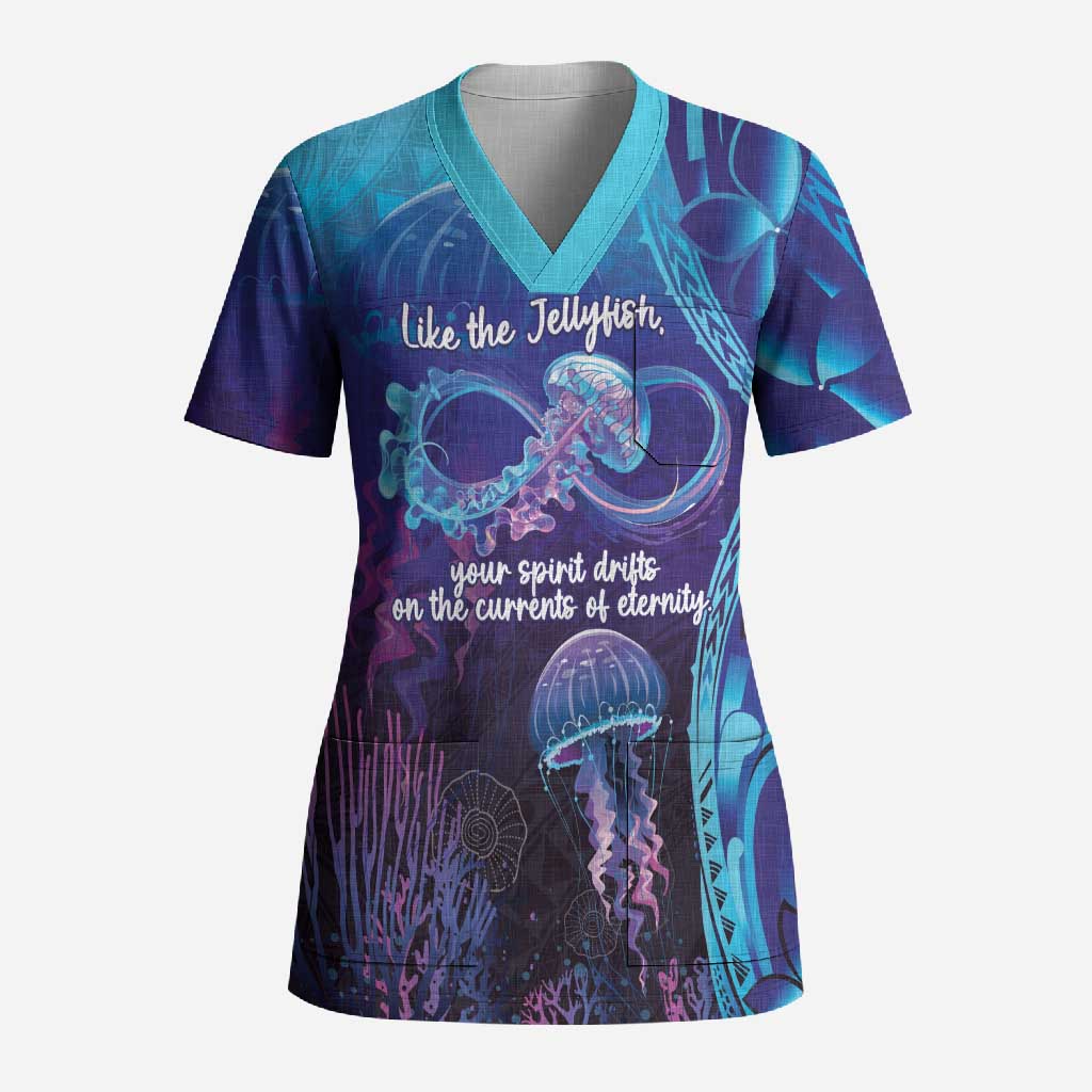 Polynesia Jellyfish Memorial Personalised Scrub Top Infinity Jellies Polynesian Pattern