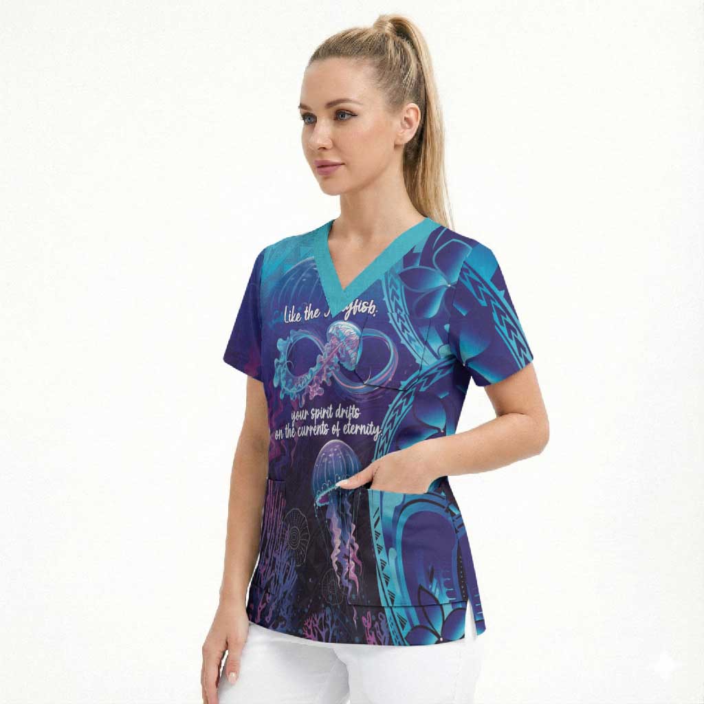 Polynesia Jellyfish Memorial Personalised Scrub Top Infinity Jellies Polynesian Pattern