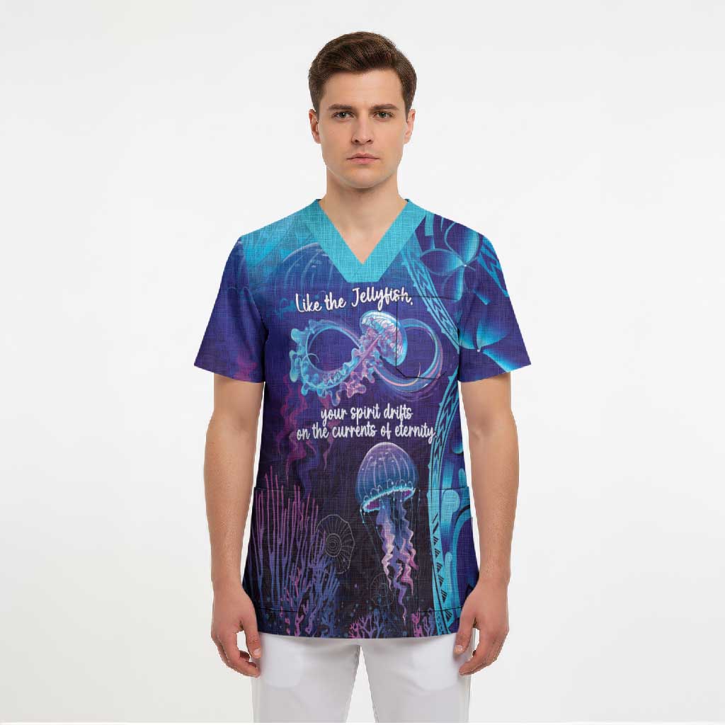 Polynesia Jellyfish Memorial Personalised Scrub Top Infinity Jellies Polynesian Pattern