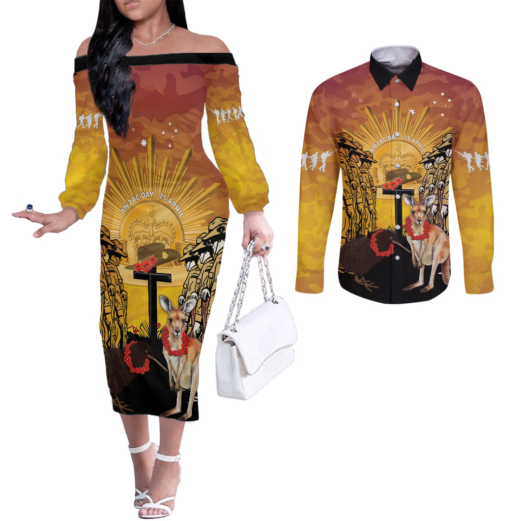 Australia And New Zealand ANZAC Couples Matching Off The Shoulder Long Sleeve Dress and Long Sleeve Button Shirt Aussie Kangaroo With Aotearoa Kiwi Lest We Forget