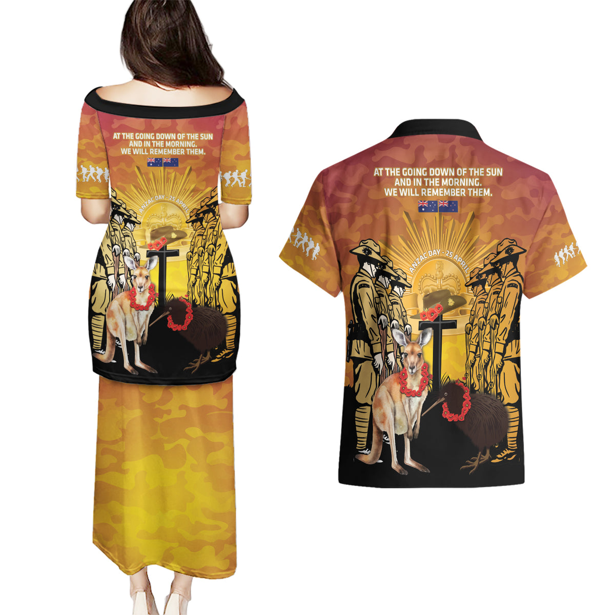 Australia And New Zealand ANZAC Couples Matching Puletasi and Hawaiian Shirt Aussie Kangaroo With Aotearoa Kiwi Lest We Forget