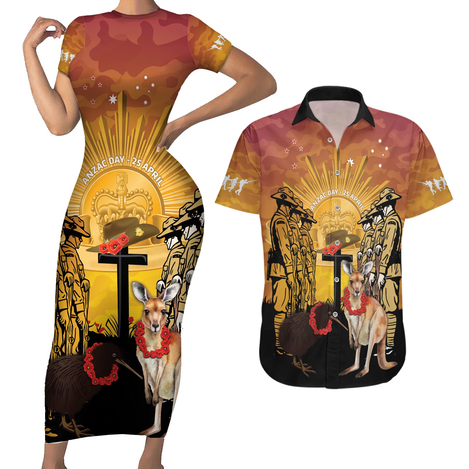 Australia And New Zealand ANZAC Couples Matching Short Sleeve Bodycon Dress and Hawaiian Shirt Aussie Kangaroo With Aotearoa Kiwi Lest We Forget