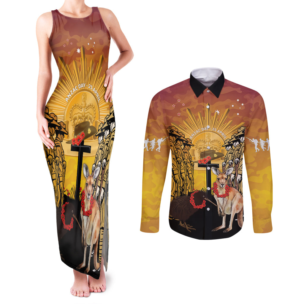 Australia And New Zealand ANZAC Couples Matching Tank Maxi Dress and Long Sleeve Button Shirt Aussie Kangaroo With Aotearoa Kiwi Lest We Forget