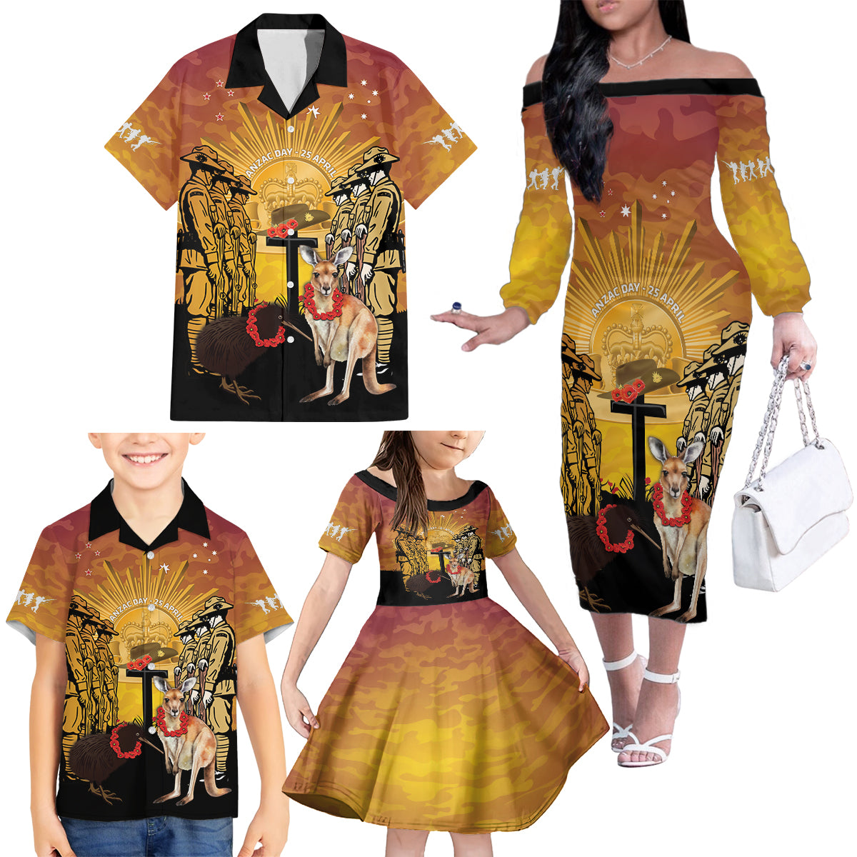 Australia And New Zealand ANZAC Family Matching Off The Shoulder Long Sleeve Dress and Hawaiian Shirt Aussie Kangaroo With Aotearoa Kiwi Lest We Forget