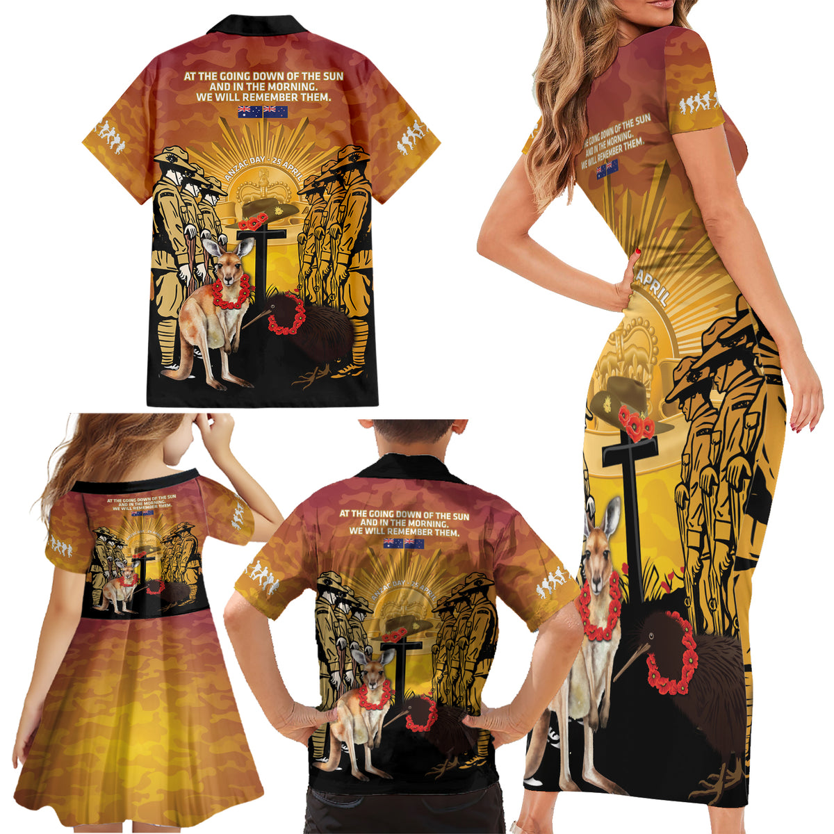 Australia And New Zealand ANZAC Family Matching Short Sleeve Bodycon Dress and Hawaiian Shirt Aussie Kangaroo With Aotearoa Kiwi Lest We Forget