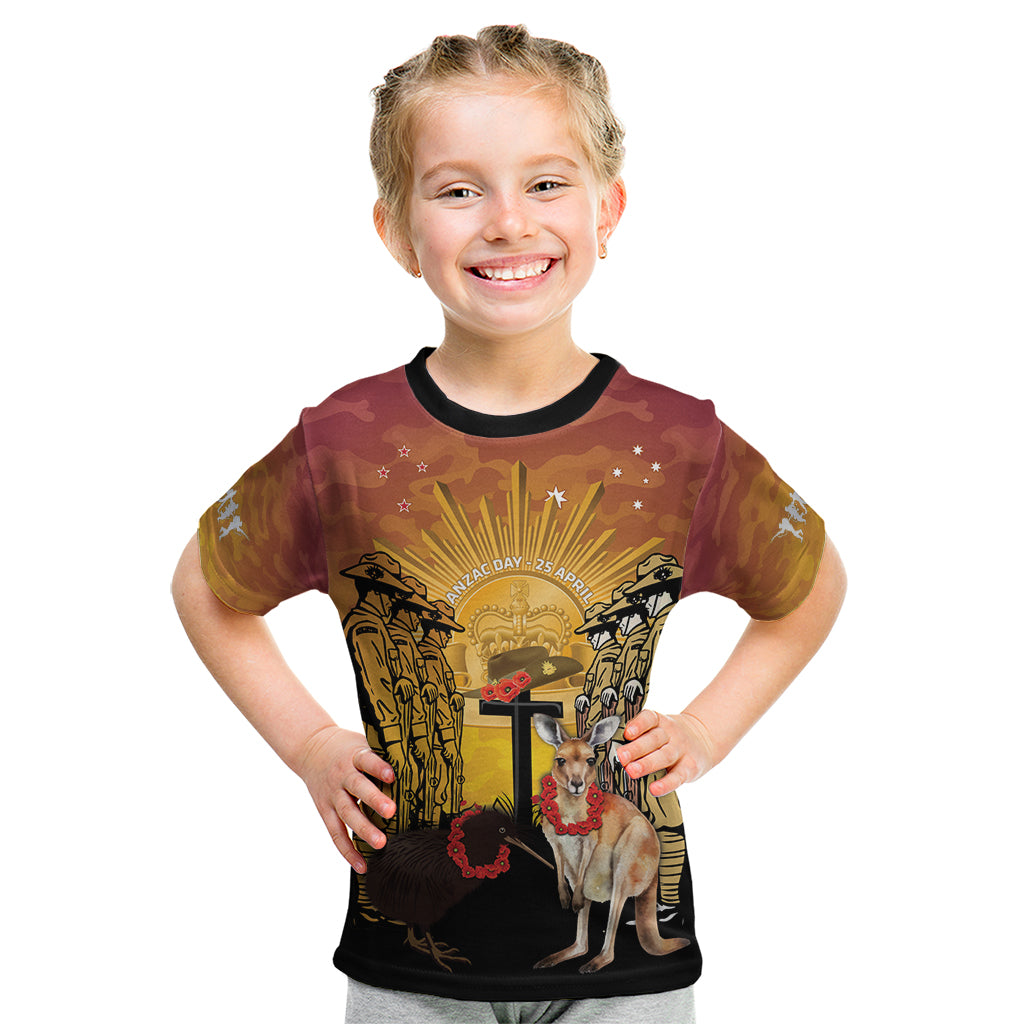 Australia And New Zealand ANZAC Kid T Shirt Aussie Kangaroo With Aotearoa Kiwi Lest We Forget