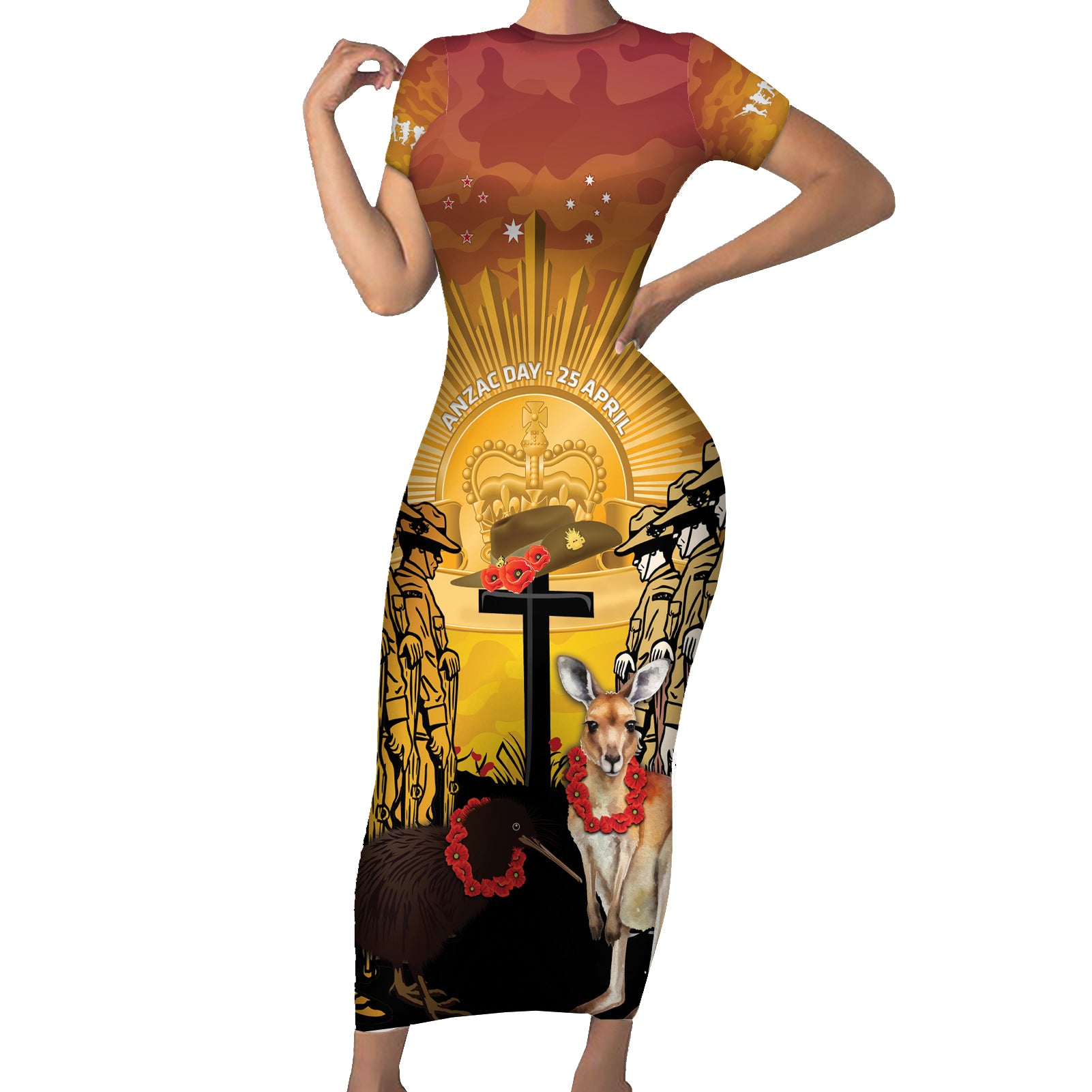 Australia And New Zealand ANZAC Short Sleeve Bodycon Dress Aussie Kangaroo With Aotearoa Kiwi Lest We Forget