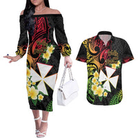 Wallis and Futuna Victory Day Couples Matching Off The Shoulder Long Sleeve Dress and Hawaiian Shirt Liberty Equality Fraternity Polynesian Plumeria