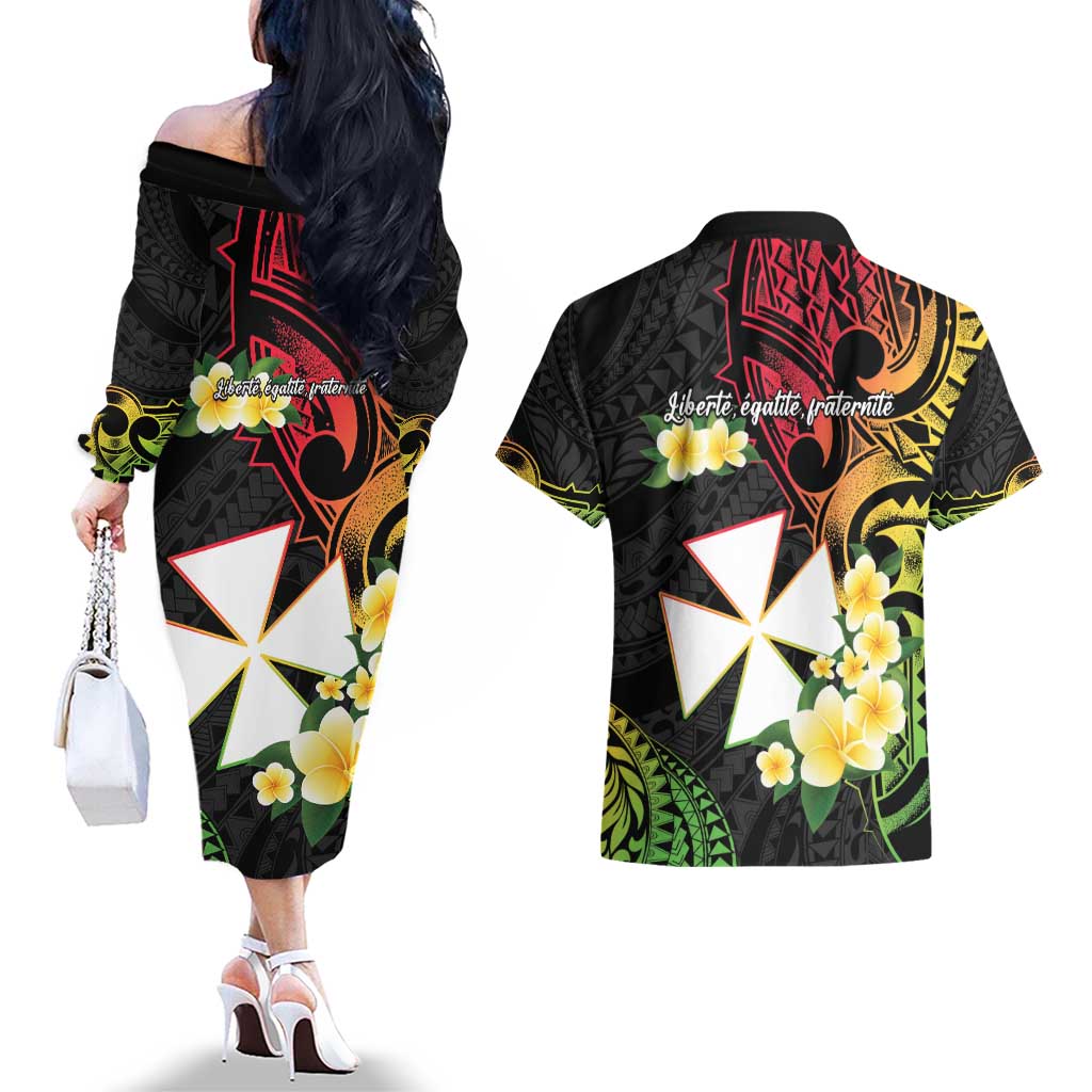 Wallis and Futuna Victory Day Couples Matching Off The Shoulder Long Sleeve Dress and Hawaiian Shirt Liberty Equality Fraternity Polynesian Plumeria