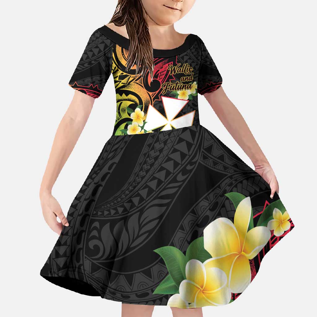 Wallis and Futuna Victory Day Family Matching Summer Maxi Dress and Hawaiian Shirt Liberty Equality Fraternity Polynesian Plumeria LT14 Daughter's Dress Black - Polynesian Pride