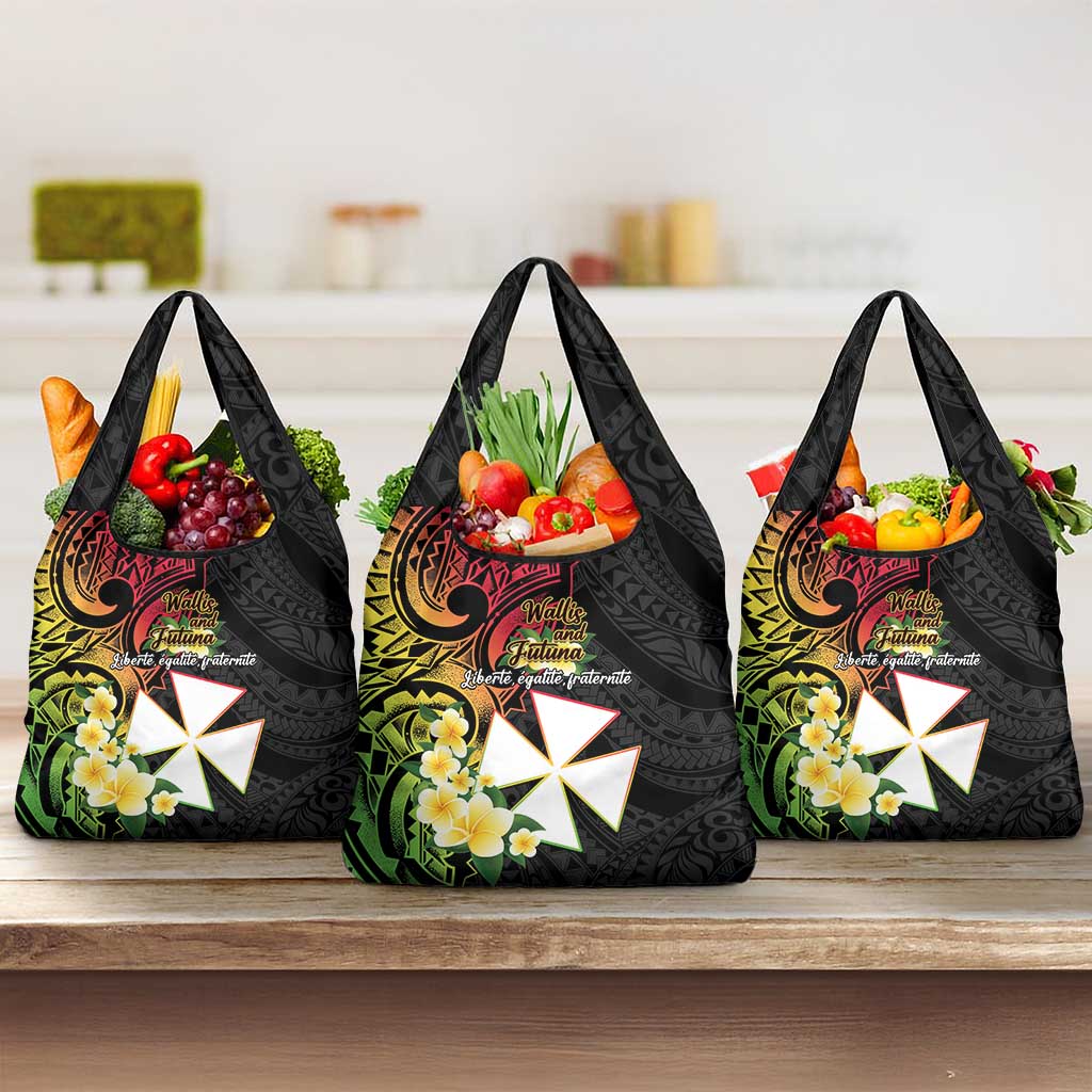 Wallis and Futuna Victory Day Grocery Bag Liberty Equality Fraternity Polynesian Plumeria LT14 3-pack One Size Black - Polynesian Pride