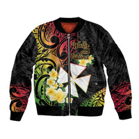 Wallis and Futuna Victory Day Sleeve Zip Bomber Jacket Liberty Equality Fraternity Polynesian Plumeria LT14 Unisex Black - Polynesian Pride