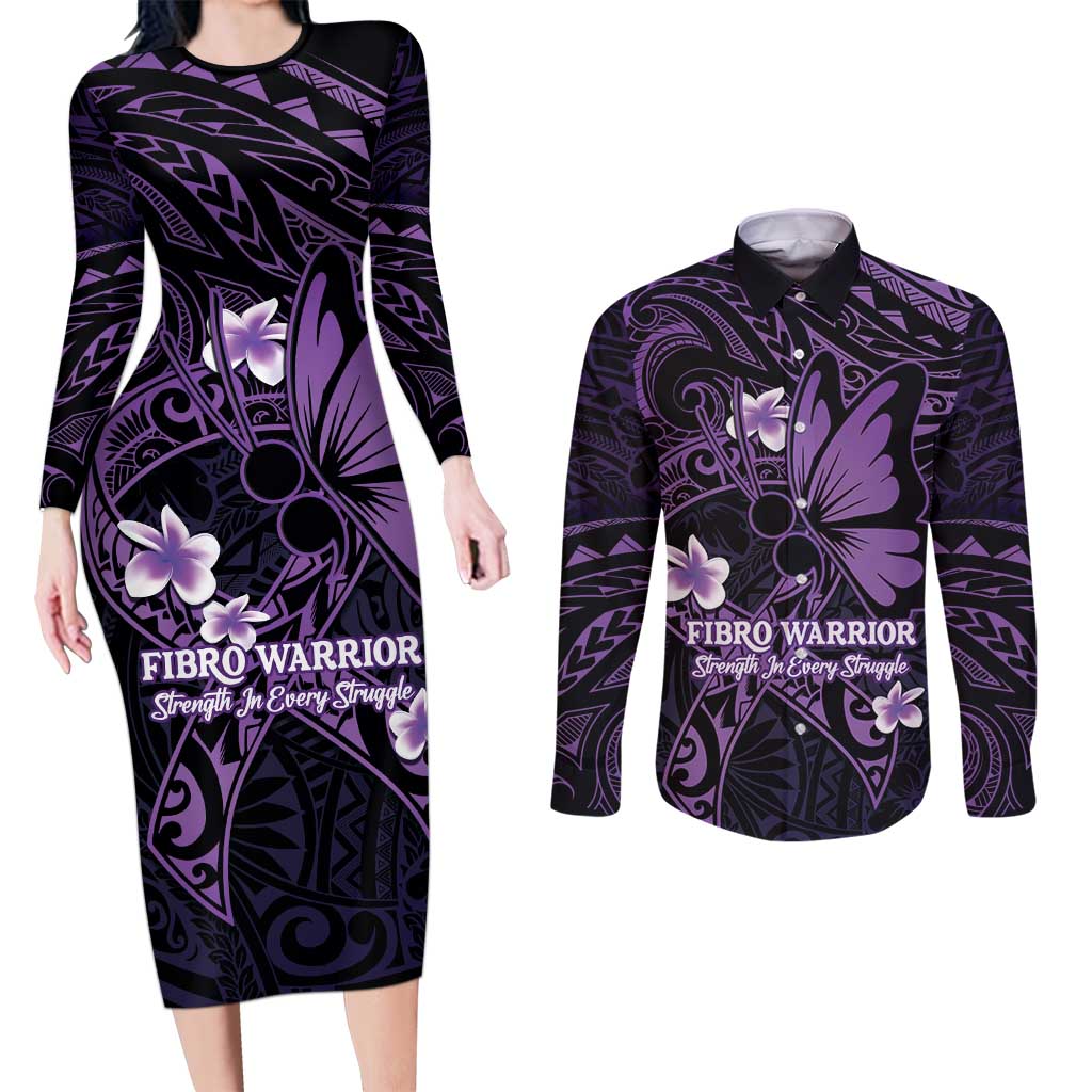 Personalised Fibromyalgia Awareness Month Couples Matching Long Sleeve Bodycon Dress and Long Sleeve Button Shirt Fibro Warrior Strength In Every Struggle